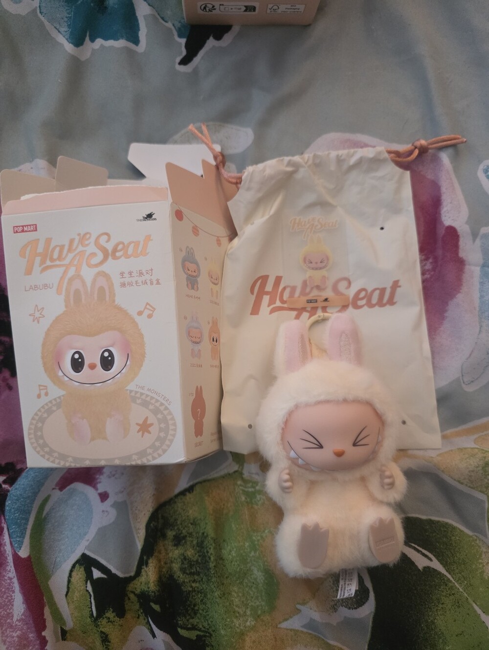 Have a Seat Labubu Plush Keychain - Cream & Pink Bunny